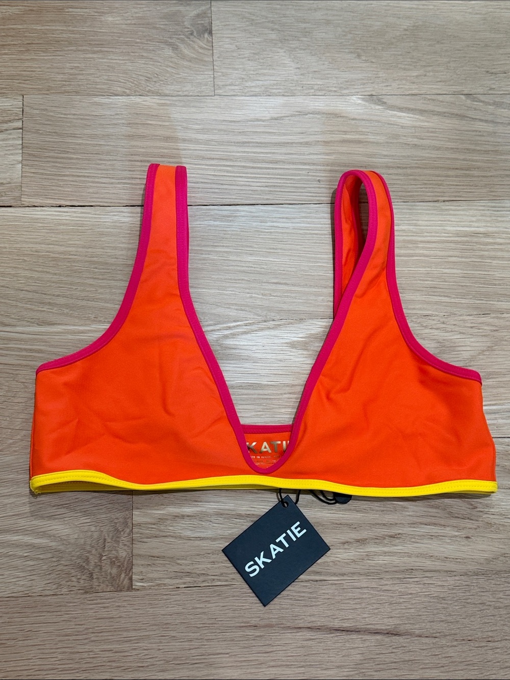 New! Skatie Sami Orange Bikini Top with Pink Trim and Yellow Band Accent
